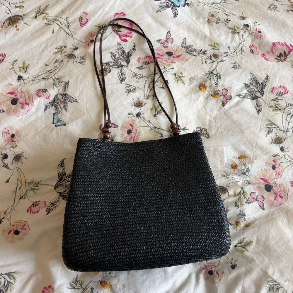 St. John's Bay Black Woven Wheat Straw Shoulder Bag with Wooden Beads